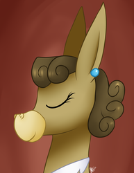 Size: 1024x1325 | Tagged: safe, artist:mylittlesheepy, matilda, donkey, g4, bust, ear piercing, eyes closed, female, gradient background, piercing, smiling, solo