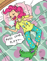 Size: 1041x1347 | Tagged: safe, artist:megasweet, artist:smile, gummy, pinkie pie, human, g4, bed, clothes, drool, feet, humanized, pajamas, sleeping, snoring, snot bubble, younger, zzz