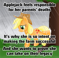 Size: 500x491 | Tagged: safe, applejack, earth pony, g4, applejack's parents, artifact, crying, female, headcanon, implied bright mac, implied pear butter, rain, sad, text