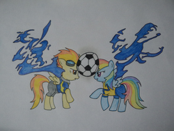 Size: 3264x2448 | Tagged: safe, artist:mariwii, rainbow dash, spitfire, pegasus, pony, g4, ball, crossover, duo, football, high res, inazuma eleven, inazuma eleven go, keshin, parody, traditional art