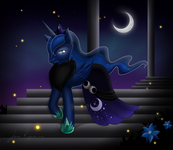 Size: 1905x1652 | Tagged: safe, artist:paperlotus, princess luna, firefly (insect), pony, g4, clothes, dress, female, flower, moon, solo