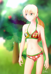 Size: 1280x1847 | Tagged: safe, artist:sacronius, applejack, human, g4, belly button, bikini, breasts, clothes, duo, female, humanized, skinny, small breasts, solo, swimsuit, thin