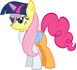 Size: 5484x5000 | Tagged: safe, artist:anitech, applejack, fluttershy, pinkie pie, rainbow dash, rarity, twilight sparkle, alicorn, chimera, pony, g4, absurd resolution, appleflaritwidashpie, blank flank, frankenpony, frankenstein's monster, fusion, fusion:applejack, fusion:fluttershy, fusion:pinkie pie, fusion:rainbow dash, fusion:rarity, fusion:twilight sparkle, heterochromia, mane six, simple background, stitched body, stitches, transparent background, we have become one, what has science done