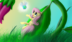 Size: 2000x1176 | Tagged: safe, artist:bronyontheway, fluttershy, parasprite, g4, female, solo