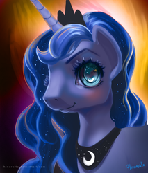 Size: 579x678 | Tagged: dead source, safe, artist:hinoraito, princess luna, pony, g4, bust, colored pupils, female, looking at you, solo