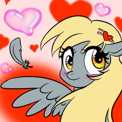 Size: 750x750 | Tagged: safe, artist:jitterbugjive, derpy hooves, pegasus, pony, g4, blushing, cute, derpabetes, feather, female, heart, mare, solo