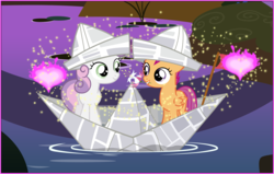 Size: 2040x1300 | Tagged: safe, artist:alexlayer, edit, edited screencap, screencap, scootaloo, sweetie belle, pegasus, pony, unicorn, g4, boat, female, filly, hat, lesbian, paper boat, paper hat, ship:scootabelle, shipping