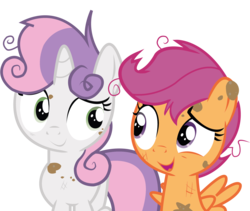 Size: 2305x1945 | Tagged: safe, artist:joemasterpencil, scootaloo, sweetie belle, g4, hearts and hooves day (episode), dirt, female, lesbian, ship:scootabelle, shipping, simple background, transparent background