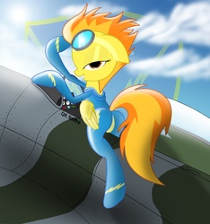Size: 1333x1425 | Tagged: safe, artist:spitshy, spitfire, g4, aircraft, bedroom eyes, butt, duo, latex, latex suit, plane, plot, stupid sexy spitfire, supermarine spitfire, wonderbolts uniform