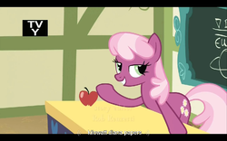 Size: 960x600 | Tagged: safe, screencap, cheerilee, earth pony, pony, g4, ponyville confidential, apple, female, meme, ponyville schoolhouse, solo, youtube caption