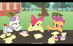 Size: 960x600 | Tagged: safe, screencap, apple bloom, scootaloo, sweetie belle, g4, ponyville confidential, bored, cutie mark crusaders, pondering, thinking bloom, youtube caption