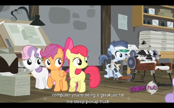 Size: 960x600 | Tagged: safe, screencap, apple bloom, scootaloo, shady daze, sweetie belle, g4, ponyville confidential, cutie mark crusaders, youtube caption