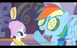 Size: 960x600 | Tagged: safe, screencap, rainbow dash, rarity, pegasus, unicorn, g4, ponyville confidential, cucumber, food, ponyville spa, powerpoint, youtube caption