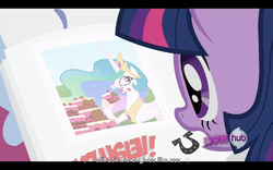 Size: 960x600 | Tagged: safe, screencap, princess celestia, twilight sparkle, g4, ponyville confidential, cakelestia, concave belly, slender, thin, youtube caption