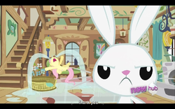 Size: 960x600 | Tagged: safe, edit, edited screencap, screencap, angel bunny, fluttershy, pegasus, pony, rabbit, g4, ponyville confidential, season 2, angel bunny is not amused, animal, crying, female, flailing, fluttercry, fluttershy's cottage, frown, mare, meme, nose in the air, ocular gushers, pink hair, pink mane, pink tail, sad, tail, unamused, wings, yellow body, yellow coat, yellow fur, yellow pony, yellow wings, youtube caption