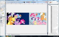 Size: 1680x1050 | Tagged: safe, artist:bongo, applejack, fluttershy, granny smith, pinkie pie, rainbow dash, rarity, twilight, twilight sparkle, fighting is magic, g1, g4, banner, g1 to g4, generation leap, gimp, microsoft windows, recolor, vector, windows 7, wip