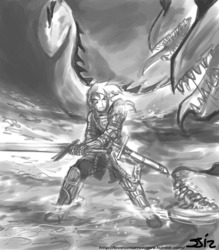 Size: 900x1029 | Tagged: safe, artist:johnjoseco, derpy hooves, human, hydra, g4, crossover, dark souls, epic derpy, grayscale, humanized, monochrome, moonlight great sword, multiple heads