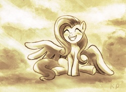 Size: 1000x726 | Tagged: safe, artist:kp-shadowsquirrel, fluttershy, pony, g4, eyes closed, female, monochrome, sitting, smiling, solo