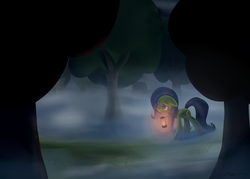 Size: 2689x1927 | Tagged: safe, artist:darkflame75, fluttershy, pegasus, pony, g4, female, fog, forest, lantern, mare, solo