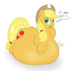 Size: 1280x1280 | Tagged: safe, artist:bunearyk, applejack, earth pony, pony, g4, applefat, belly, belly bed, butt, chubby cheeks, fat, female, immobile, impossibly large belly, liarjack, morbidly obese, obese, plot, solo, stuffed