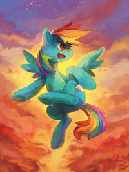 Size: 1122x1500 | Tagged: safe, artist:salanchu, rainbow dash, pegasus, pony, g4, butt, cloud, female, flying, mare, plot, solo, wings