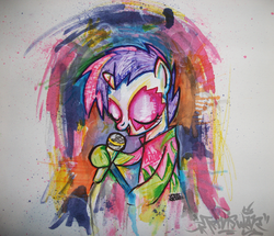 Size: 1033x887 | Tagged: safe, artist:traviswar, sweetie belle, pony, g4, the show stoppers, bipedal, clothes, costume, face paint, female, marker drawing, microphone, photo, show stopper outfits, solo, traditional art