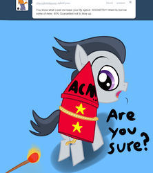 Size: 800x900 | Tagged: safe, artist:cosmonaut, rumble, pegasus, pony, lets ask rumble, g4, acme, ask, blue background, cartoon violence, colt, male, match, rocket, rumblr, simple background, slapstick, solo, this will end in tears, tumblr