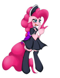 Size: 2300x3000 | Tagged: safe, artist:grumblepluck, pinkie pie, earth pony, pony, g4, bipedal, clothes, costume, female, high res, maid, mare, simple background, socks, solo, thigh highs, transparent background