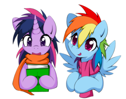 Size: 2720x2140 | Tagged: dead source, safe, artist:grumblepluck, rainbow dash, twilight sparkle, pegasus, pony, unicorn, g4, book, clothes, cute, duo, duo female, female, high res, lesbian, mare, scarf, ship:twidash, shipping, simple background, transparent background