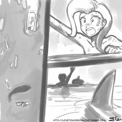 Size: 700x700 | Tagged: safe, artist:johnjoseco, trixie, human, shark, comic:the erotic adventures of daring do, g4, casual nudity, clothes, daring do and the golden scootaloo, female, grayscale, humanized, monochrome, nudity, partial nudity, peril, skinny dipping, topless