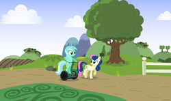 Size: 3400x2018 | Tagged: safe, artist:larsurus, bon bon, lyra heartstrings, sweetie drops, earth pony, pony, unicorn, g4, bipedal, cute, driving, duo, female, field, grin, high res, human behavior, looking back, lyrabetes, mare, road, segway, smiling, squee, tree, trotting, vector, wat