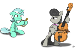 Size: 2360x1506 | Tagged: safe, artist:sandwich-anomaly, lyra heartstrings, octavia melody, earth pony, pony, unicorn, g4, bipedal, bow (instrument), cello, duo, female, floppy ears, glare, looking at each other, lyre, mare, musical instrument, simple background, sitting, transparent background