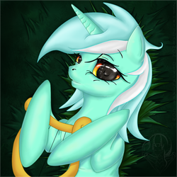 Size: 1000x1000 | Tagged: dead source, safe, artist:zephrysdaemon, lyra heartstrings, pony, g4, grass, lying down, lyre, musical instrument, solo