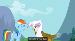 Size: 929x511 | Tagged: safe, edit, edited screencap, screencap, gilda, rainbow dash, griffon, pegasus, pony, g4, caption, female, mare, text, youtube caption