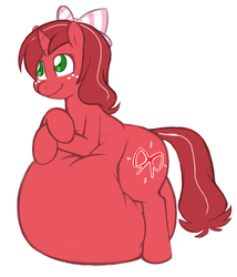 Size: 662x774 | Tagged: safe, artist:redintravenous, oc, oc only, oc:red ribbon, pony, unicorn, belly, fat, female, impossibly large belly, mare, solo, stuffed belly