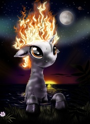 Size: 1920x2634 | Tagged: dead source, safe, artist:hereticofdune, oc, oc only, pony, unicorn, fire, flower, grass, mane of fire, moon, saturn, solo, starry night, stars, water