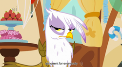 Size: 929x512 | Tagged: safe, screencap, gilda, griffon, g4, griffon the brush off, candy, food, sugarcube corner, youtube caption