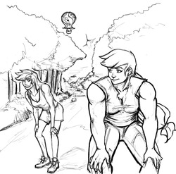 Size: 1056x1044 | Tagged: safe, artist:first-second, applejack, rainbow dash, human, g4, applejacked, hot air balloon, humanized, monochrome, muscles, twinkling balloon