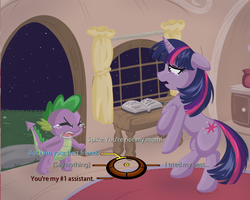 Size: 750x600 | Tagged: safe, artist:bamboodog, edit, spike, twilight sparkle, dragon, pony, unicorn, g4, book, crossover, crying, dialogue wheel, feels, female, game, mama twilight, mare, mass effect, sad