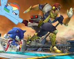 Size: 400x315 | Tagged: artist needed, source needed, safe, edit, edited screencap, screencap, rainbow dash, g4, captain falcon, crossover, male, sonic the hedgehog, sonic the hedgehog (series), super smash bros., super smash bros. brawl