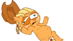 Size: 840x475 | Tagged: safe, artist:chowsupr334, applejack, earth pony, pony, apple.mov, g4, jappleack, on back, rule 63, simple background, solo