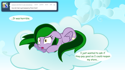 Size: 1280x720 | Tagged: safe, artist:jan, oc, oc only, oc:emerald may, pony, ask, cloud, cloudy, solo, tumblr