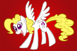 Size: 800x533 | Tagged: safe, artist:willdrawforfood1, surprise, pegasus, pony, ask surprise, g1, g4, ask, colored pupils, eyes open, female, flying, g1 to g4, generation leap, gradient background, mare, open mouth, open smile, smiling, solo, spread wings, wings