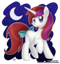 Size: 640x680 | Tagged: safe, artist:skyheavens, moondancer (g1), pony, unicorn, g1, g4, bow, colored pupils, crescent moon, female, g1 to g4, generation leap, looking at you, moon, open mouth, open smile, raised hoof, smiling, smiling at you, solo, standing, tail bow, turned head