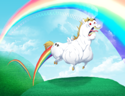 Size: 2528x1943 | Tagged: safe, artist:jewlecho, bulk biceps, pegasus, pony, g4, male, pronking, rainbow, solo, stallion, trail