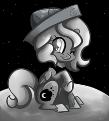 Size: 790x876 | Tagged: safe, artist:turrkoise, princess luna, alicorn, pony, moonstuck, g4, :t, cartographer's cap, cute, female, floppy ears, grayscale, hat, looking at you, lunabetes, monochrome, moon, paper hat, raised hoof, sitting, smiling, solo, space, wink, woona, younger