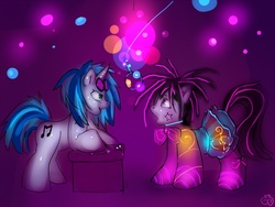 Size: 1000x753 | Tagged: safe, artist:turbinedivinity, dj pon-3, octavia melody, vinyl scratch, earth pony, pony, unicorn, g4, hypnosis, outfit, pendulum swing, raver, wrong eye color