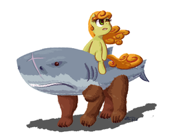 Size: 717x568 | Tagged: safe, artist:zicygomar, carrot top, golden harvest, bear, shark, g4, duo, ponies riding bears, riding, shark-bear, simple background, wat, what has science done, white background