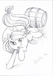 Size: 492x700 | Tagged: safe, artist:shinepawpony, applejack, earth pony, pony, g4, barrel, female, kicking, monochrome, solo