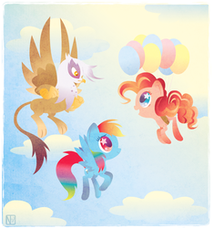 Size: 893x950 | Tagged: safe, artist:disfiguredstick, gilda, pinkie pie, rainbow dash, earth pony, griffon, pegasus, pony, g4, balloon, scene interpretation, starry eyes, wingding eyes